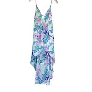 Millau Anthropologie Floral Satin High Low Dress XS Tropical Vacation Spring